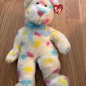 Ty Beanie Buddy Kissme the Valentine Bear 14" White with Pastel Hearts